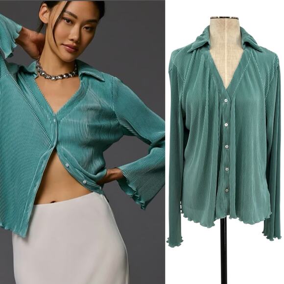 Anthropologie Dolan Lettuce-Hem Buttondown Top Pleated Flare Sleeve Blue Large - Picture 1 of 10